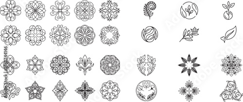Set of floral decorative ornate design elements vintage botanical swirls ornaments isolated on transparent background black line art vector