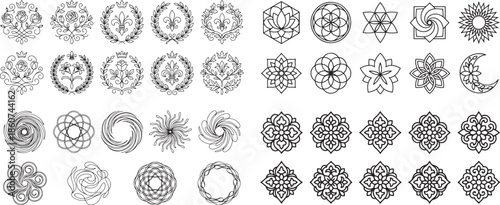 Set of Decorative Laurel Wreaths Rosettes Floral Circles Geometric Shapes Ornamental Frames Vector Illustrations Suitable for Logo Design