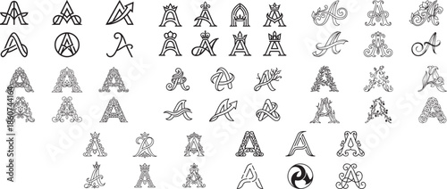 Collection of Elegant Letter A Monograms Emblems Insignias Ornate Designs Initial Logos Vector Set Graphic Resources Ready to Use