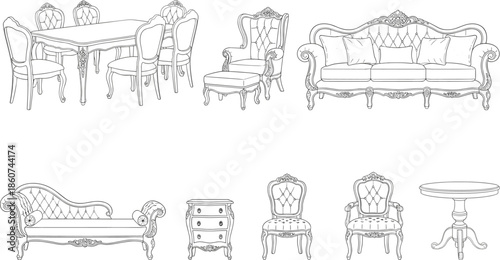 Vintage furniture set with table and chairs antique line table