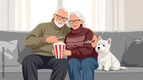 Cozy Senior Couple Watching Movie with West Highland White Terrier Dog at Home