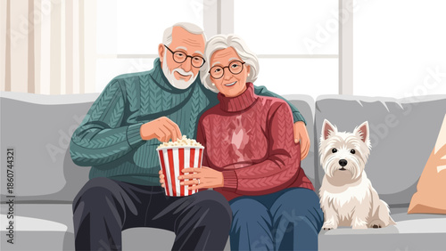Happy Senior Couple Watching Movie with Westie Dog and Eating Popcorn on Sofa