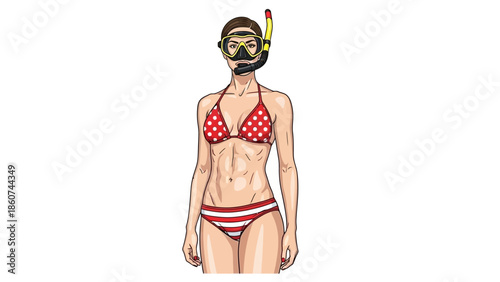 Fit Woman in Red Polka Dot Bikini with Snorkeling Mask and Snorkel Ready for Ocean Adventure