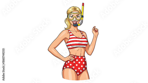 Vintage Pin Up Woman in Red Polka Dot Bikini Ready for Snorkeling and Tropical Vacation