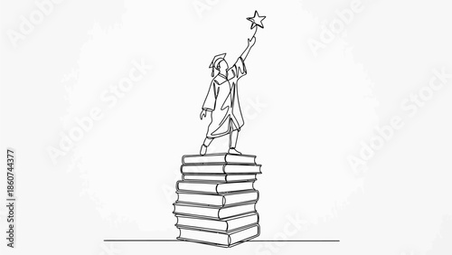 Minimalist Line Art of Graduate Reaching for Star Success Above Stack of Books