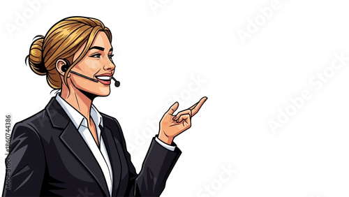 Cheerful Female Customer Service Agent with Headset Pointing Pop Art Style