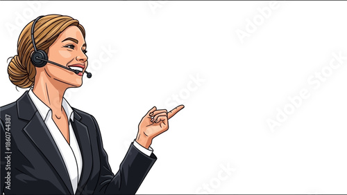 Friendly Female Customer Service Agent with Headset Pointing Ideal for Support Background