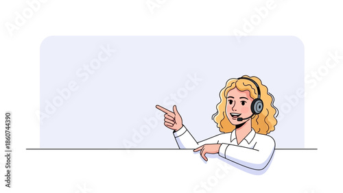 Friendly Female Customer Support Agent Pointing to Blank Copy Space for Advertisement or Presentation