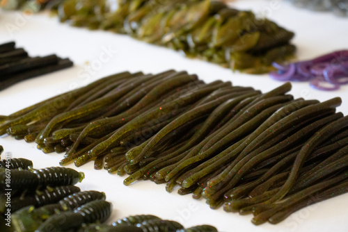 Soft plastic fishing baits, primarily used for largemouth bass fishing. 