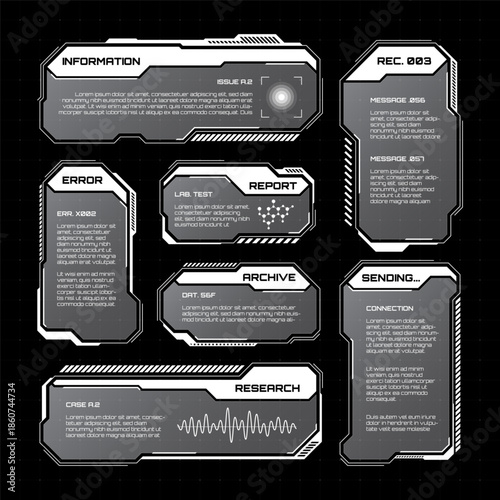 White futuristic HUD, UI elements. Sci-fi user interface text boxes, callouts. Warning message frames, information boxes template. Modern game interface layout in digital style. Vector illustration