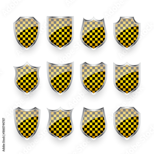 Glossy shields with yellow and black pattern. Security and protection concept. Cyber safety icons, internet privacy, web defense, digital data protection and antivirus themes. Vector illustration