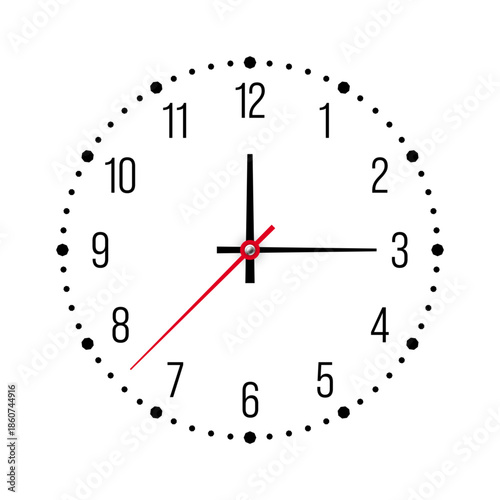Mechanical clock face with arabic numerals, bezel. Watch dial with minute, hour marks and numbers. Timer or stopwatch element. Blank measuring circle scale with divisions. Vector illustration