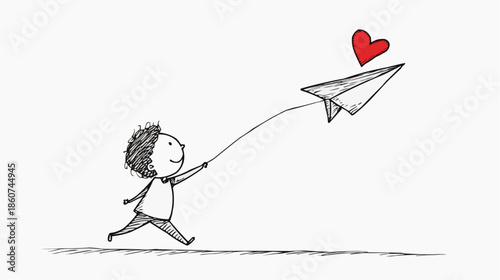 Naive vector illustration of a little boy throwing a paper airplane with a heart floating above. Childlike line art with copy space, symbol of love, hope and message sending for greetings and holidays