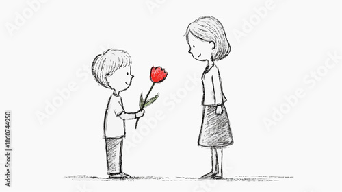 Naive vector illustration of shy boy handing single red tulip to female teacher, suitable for Teacher Appreciation Day cards, school-themed nursery decor, or gratitude packaging with copy space
