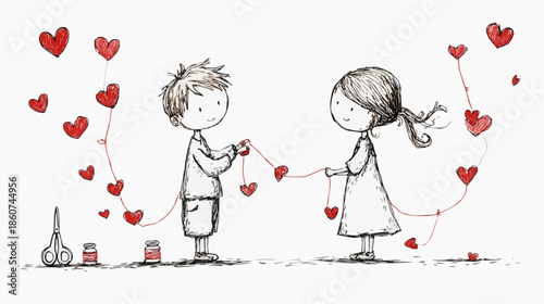 Vector illustration of two children making a heart garland together. Naive hand-drawn line art symbolizing love, care and connection, clean white background with copy space, minimal outlines, no text