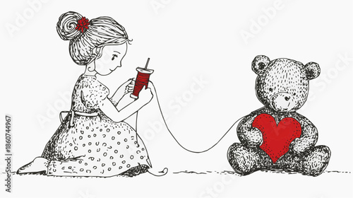 Naive vector illustration of a girl sewing a red heart onto a teddy bear. Symbol of love, care and repair, emotional storytelling, clean white background with copy space