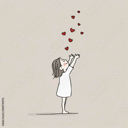 Naive vector illustration of a little girl releasing small hearts upward. Simple child character with copy space, symbol of love, kindness and emotional warmth for holidays and greetings