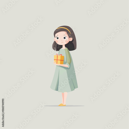 Naive vector illustration of a little girl holding a gift box. Simple child character with copy space, symbol of care, giving and warm emotions for holidays and greetings