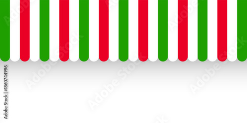 Shop sunshade. Realistic striped cafe awning. Outdoor market tent. Roof canopy in Italian flag colors. Summer street store. Vector illustration