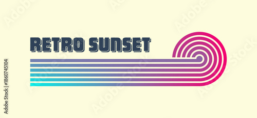 Vintage colorful sunset. Various gradient striped sunrise badges in 80s and 90s style. Sun and ocean view, summer vibes, surfing. Design element for print, logo or t-shirt. Vector illustration