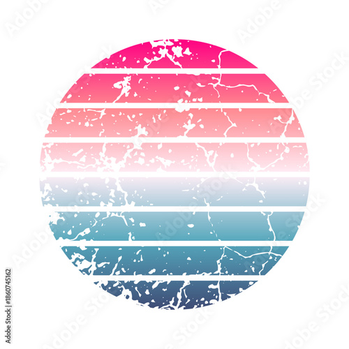 Vintage colorful sunset. Striped gradient sunrise badge in 80s and 90s style. Sun and ocean view, summer vibes, surfing. Design element for print, logo or t-shirt. Vector illustration