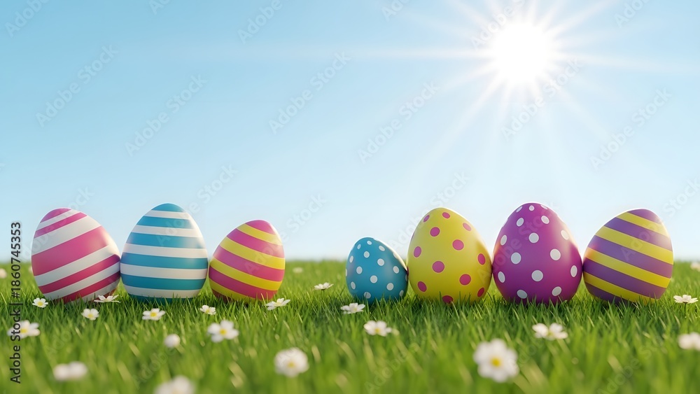 Fototapeta premium Happy easter sunday celebration with colorful eggs in a sunny green field