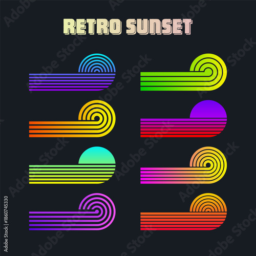 Vintage colorful sunset. Various gradient striped sunrise badges in 80s and 90s style. Sun and ocean view, summer vibes, surfing. Design element for print, logo or t-shirt. Vector illustration