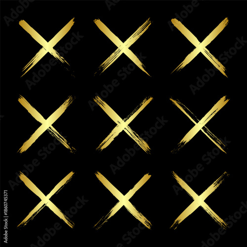Golden grunge crosses, brush strokes, lines, ink smudges, hand-drawn scribble shapes. Handmade sketchy marks, acrylic stains, charcoal streaks. Paint textures, dry brush effect. Vector illustration