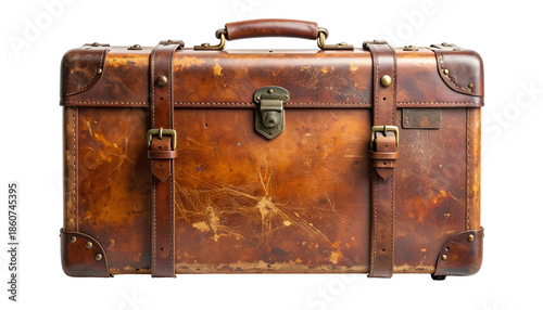 A vintage, well-worn brown leather suitcase with brass hardware, isolated on black