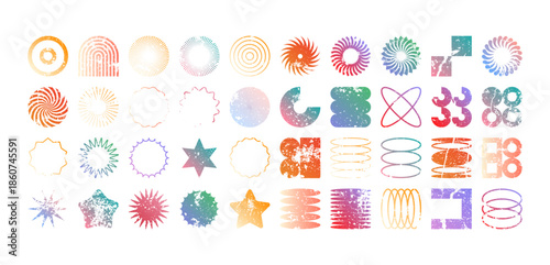 Colorful geometric shapes, modern grunge symbols. Simple primitive elements and forms, distressed details. Retro design, aged, vintage, trendy contemporary minimalist style, y2k. Vector illustration