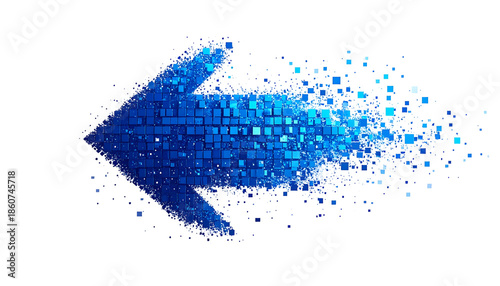 A pixelated blue arrow pointing left, disintegrating from its tip, against a black background