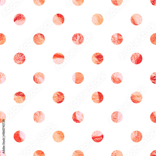 Rose gold foil seamless texture, shiny handmade circles. Golden glittering pattern. Shining hand drawn background. Wedding, greeting card decoration. Modern minimalist art. Vector illustration