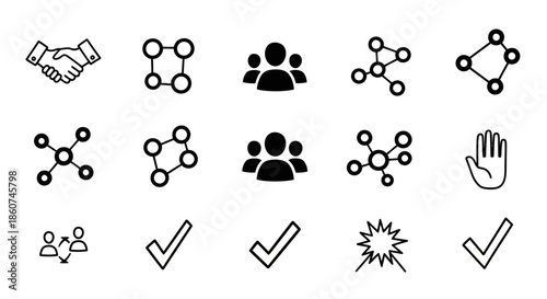 Collection of Social Connection and Agreement Icons in Black and White.