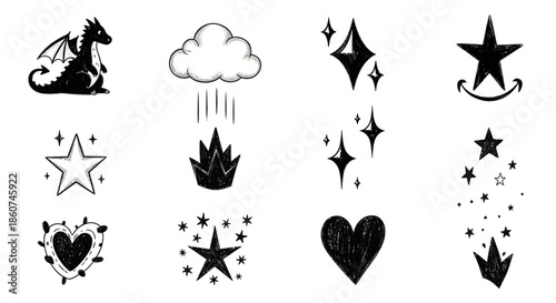 Collection of Whimsical Hand-Drawn Fantasy and Celestial Elements.