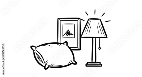 Cozy Bedroom Scene - Pillow, Picture Frame, and Illuminated Lamp Illustration.