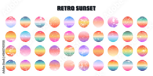 Grunge vintage colorful sunset. Striped gradient sunrise badges in 80s and 90s style. Sun and ocean view, summer vibes, surfing. Design element for print, logo or t-shirt. Vector illustration