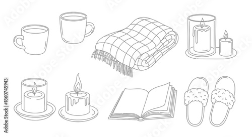 Cozy Hygge Essentials Collection Hand-Drawn Line Art.