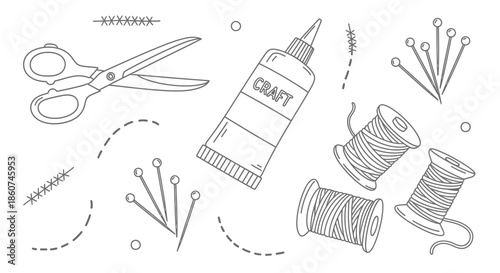 Crafting Supplies Collection Scissors Glue Thread Pins and Needles.
