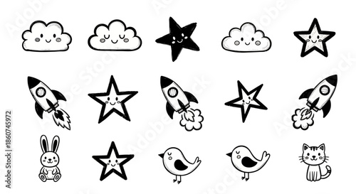 Cute Black and White Doodle Set with Clouds, Stars, Rockets, and Animals.