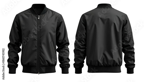 Front and back views of a black, sleek, zipped-up bomber jacket against a black backdrop