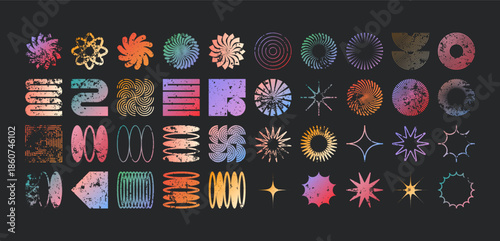 Brutalist geometric shapes, modern grunge symbols. Simple primitive elements and forms, distressed details. Retro design, aged, vintage, trendy contemporary minimalist style, y2k. Vector illustration