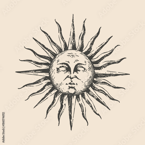 Celestial Vintage Sun with Human Face Illustration in Traditional Engraving Style