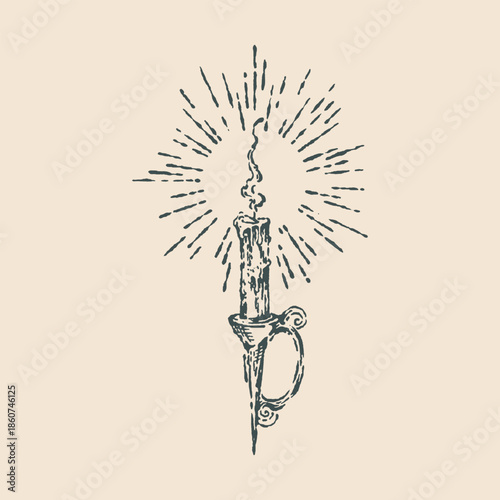 Vintage Lit Candle Illustration in a Holder with Radiant Light Rays Engraving