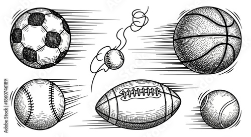 Dynamic Hand Drawn Sports Balls Collection in Motion.