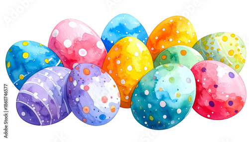 A cluster of vibrantly painted watercolor eggs with varied patterns and colors