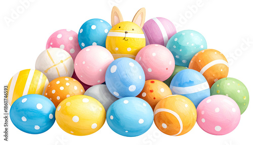 Group of painted Easter eggs, including a bunny, in pastel colors, arranged in a pile