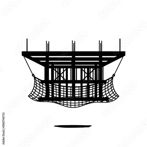 Black hammock suspended from wooden frame.