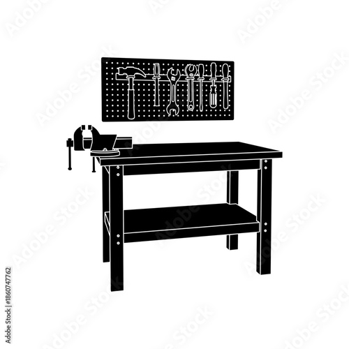 Black Workbench with Tools and Pegboard.