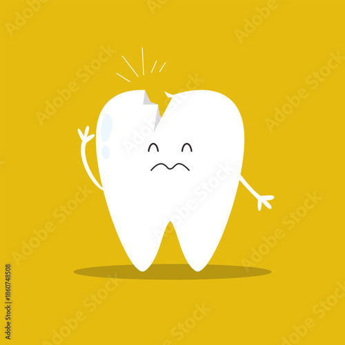 Sad Broken Tooth Character with Crack to Illustrate Dental Pain and Need for Professional Stomatology Treatment.