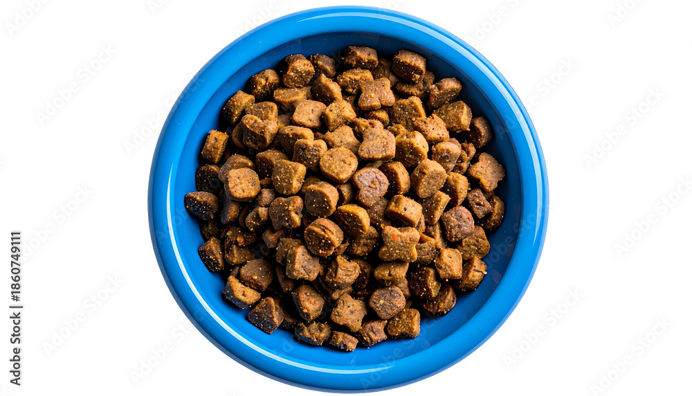 Fototapeta premium Overhead view of a blue bowl filled with dry, brown pet food kibble against black